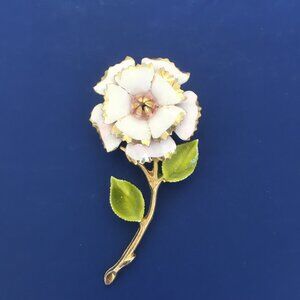 Vintage enamel metal pink flower brooch with stem green leaves flower pin